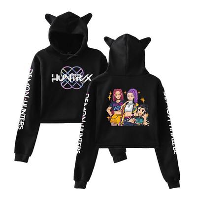 KPop Cazadores de Demonios HUNTRIX Estampado Sudadera Crop Top Manga Larga Sudaderas con Orejas de Gato Sudaderas para Mujer Ropa de Otoño Sudadera