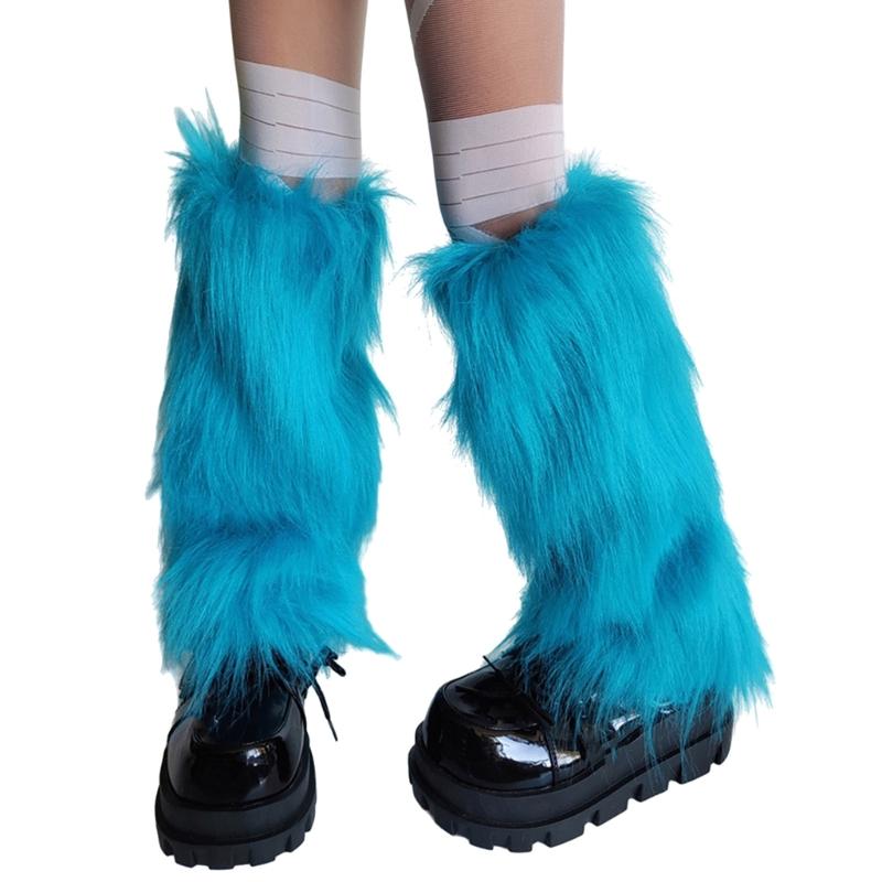 Women's Fuzzy Bright Blue Leg Warmers Soft Plush Winter Accessory for Costume Parties Furry Boot Toppers Footless Socks