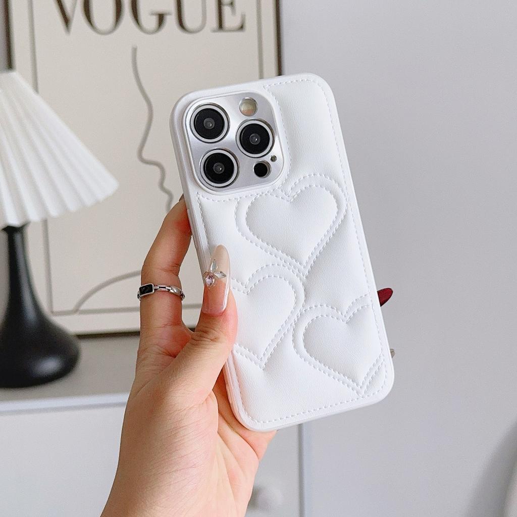 For iPhone 17 16 15 14 Pro Max Air Plus Love Hearts Embossed Leather Camera Lens Protector Full Protection Soft Back Cover