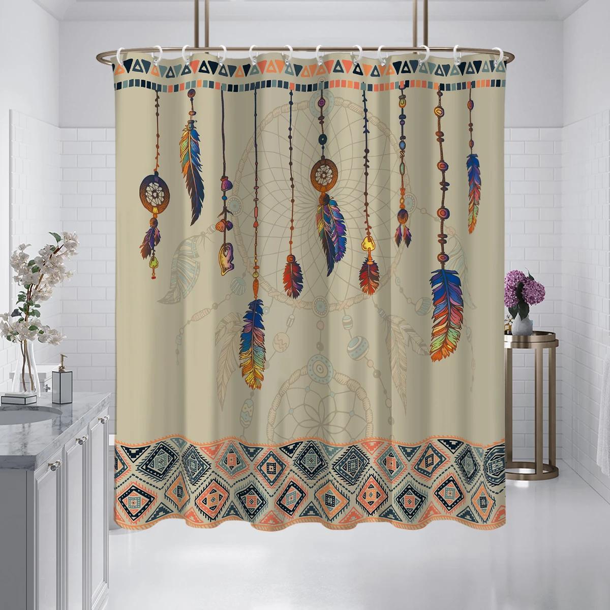 

1PC Bohemian style wind chimes and feathers pattern printed shower curtain, waterproof, with 12 hooks, bathroom shower,home use W90xH180cm