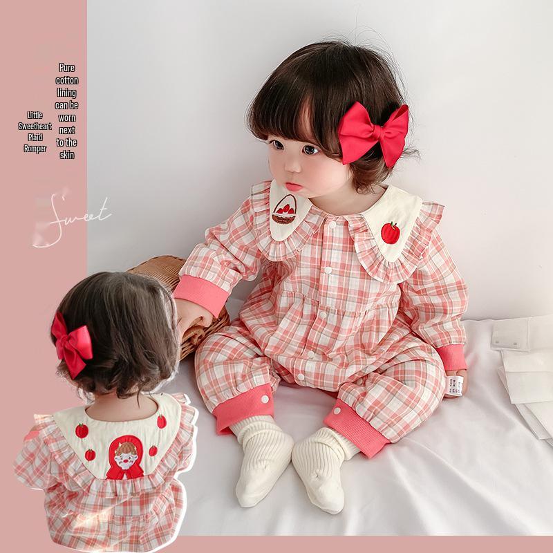 

Autumn Baby Girl Gingham Romper: Fashionable, Cute, Thin Style for Infants 66 cm