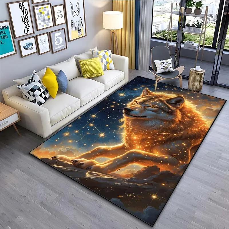 Black Wolf Pattern Area Rug–Stylish Carpet for Living Room or Bedroom – Non-Slip Bedside Floor Mat, Cool Home Decor Gift for Men