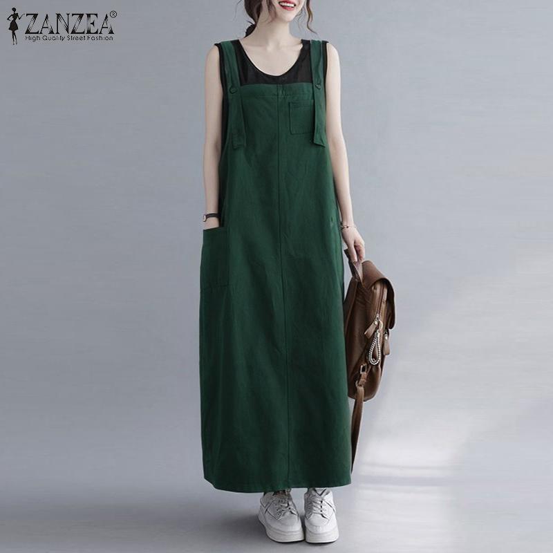 ZANZEA Womens Casual Square Collar Pocket Slit Sleeveless One-Piece Dresses