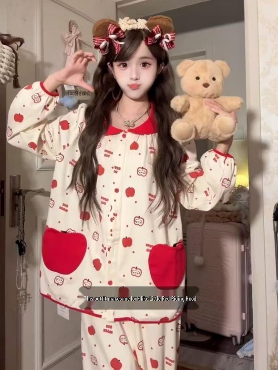 

Женская пижама с длинными рукавами и кукольным воротником-яблочком, в японском милом стиле, идеально подходит для осени и весны, кардиган для девочек для дома. M (recommended 75-95 pounds)