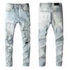 Jeans Uomo Punk Retro Blu Strappati Slim Fit Stampati