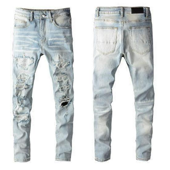 Jeans Uomo Punk Retro Blu Strappati Slim Fit Stampati