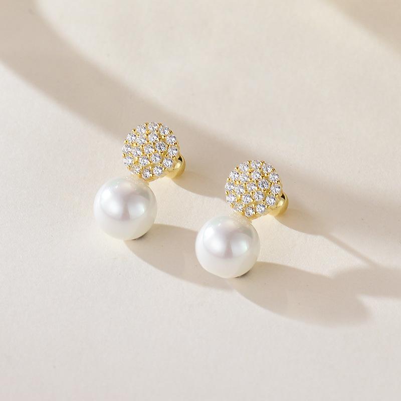 

Genuine 925 Sterling Silver Pavé Zircon Pearl Geometry Stud Earrings for Women Temperament Sweet Wedding Party Jewelry золотий