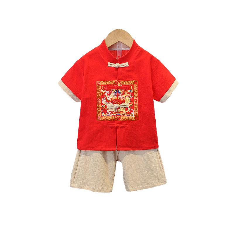 Dětský Hanbok Chlapecký Letní Dětský Mandarinkový Čínský Styl Chlapecký Letní Oblek s Krátkým Rukávem Etnický Větruodolný Tenký Díl Starobylý Kostým