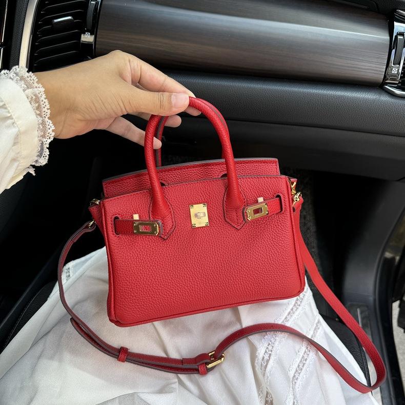 European and American Foreign Trade Models, First-layer Cowhide Lychee Pattern Platinum Bag, Genuine Leather Women's Bag Shoulder Crossbody Mini Bag