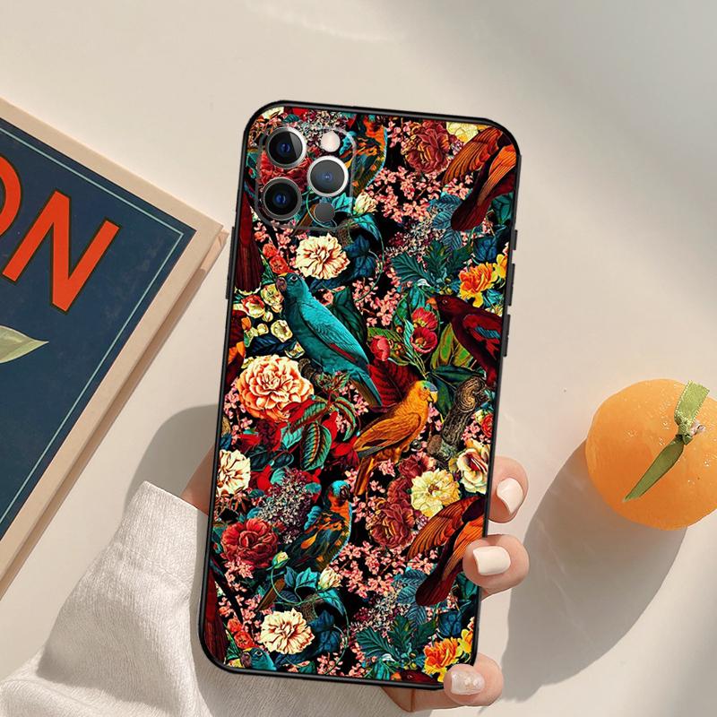 Garden Birds Vintage Tropical FLORAL Cover Case For iPhone 16 15 14 13 12 11 Pro Max XS XR X 12 13 Mini 16 15 Plus Fundas