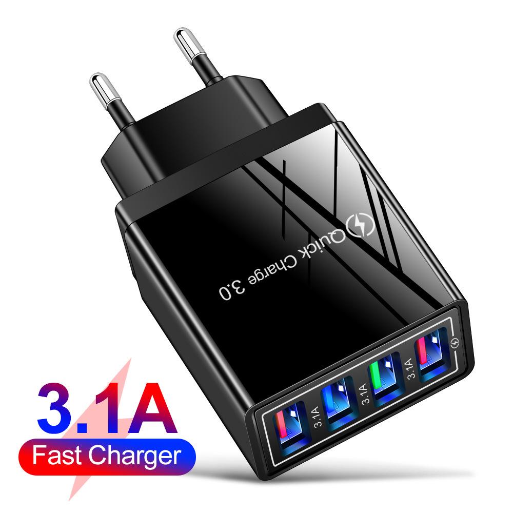 4-Port USB Mobile Charger 3A with LED Light for EU/US Specs, Compatible with Tablets & Phones
