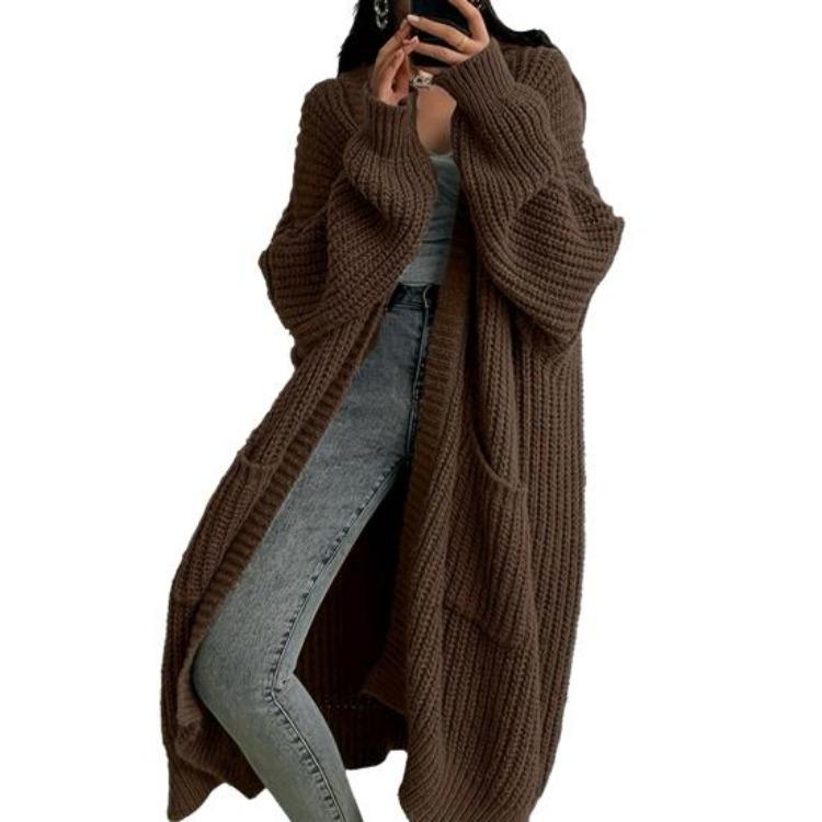 Fall Winter Outwear Women Long Cardigan Sweater Coat Open Front Mid Length Knitting Coat with Pockets