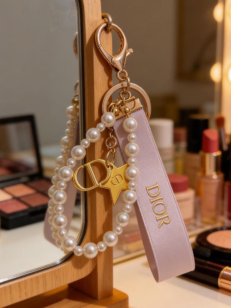 Dior Beauty Peripheral Keychain, Pink Ribbon Pearl Bag Charm, Brand Cosmetic Accessory, CD Star Metal Pendant Key Ring for Women
