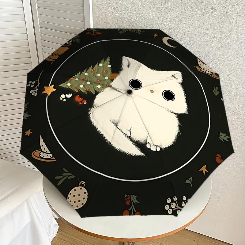 1PC cat, Christmas Automatic Open/Close Umbrella with Windproof, 8-Rib Sturdy Canopy, Durable Ribs, Fashionable Design, Outdoor Accessory, Fun Prin, H