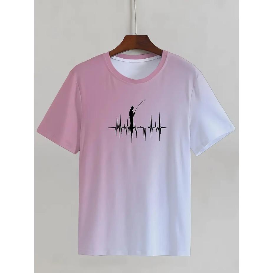 Fishing Print T-shirt, Men's Casual Street Style Stretch Round Neck Tee Shirt for Summer, Fishing Gear