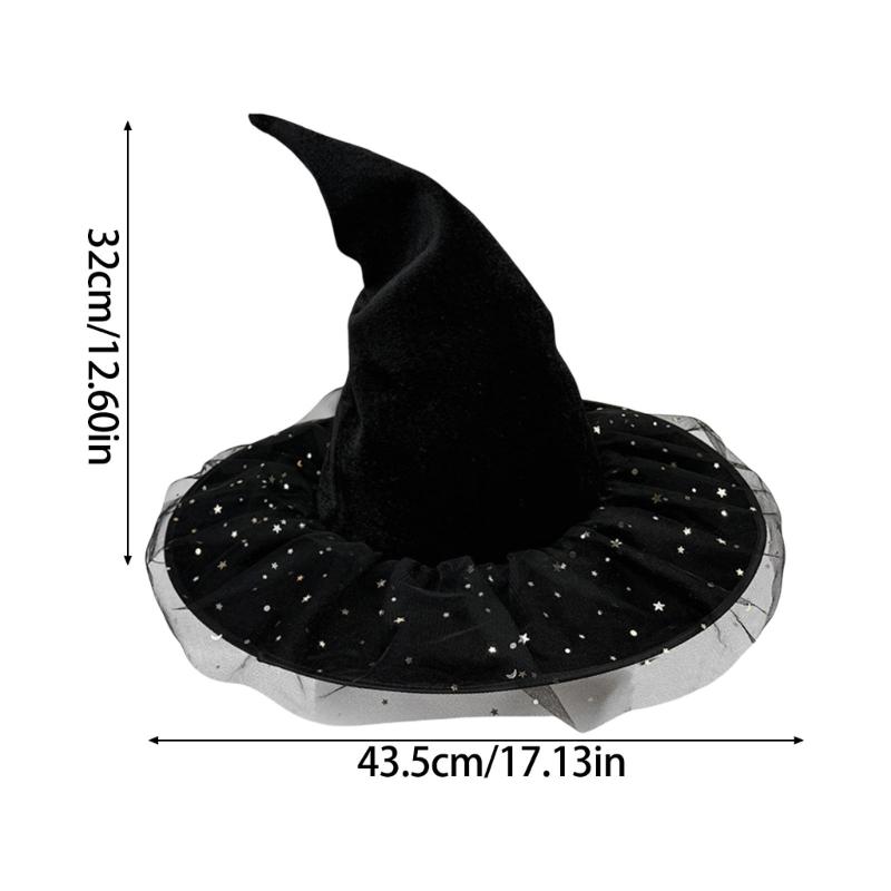 Black Velvets Witch Hat With Golden Star Elegant Curved Border Halloween Hat for Women Men Kids
