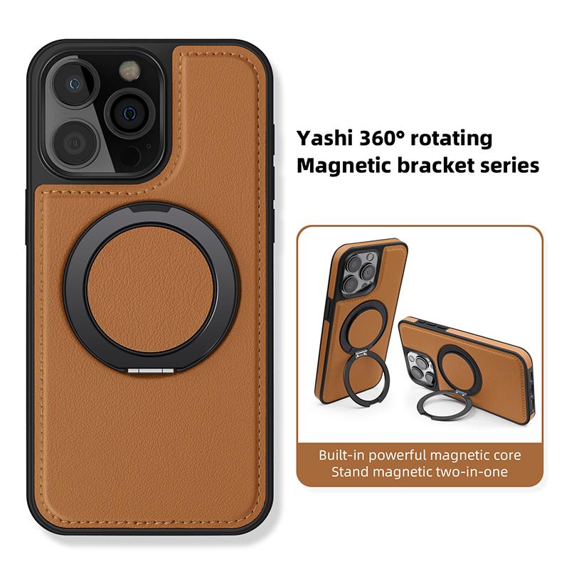 iPhone 17 16 15 14 13 12 11 Pro Max Plus için İş Derisi Dönen Braketli Telefon Kılıfı Magsafe Manyetik Halka Stand Tutucu Kapak