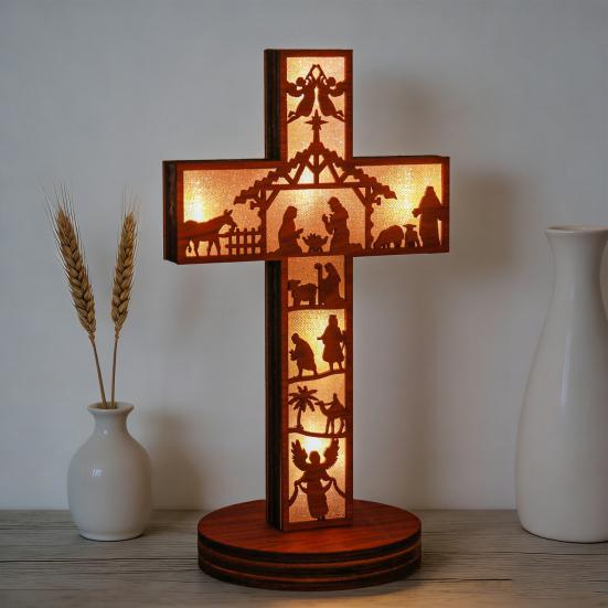 Christmas Wooden Nativity Scene Set Christian Religious Rustic Tabletop Decoration with LED Light for Shelf Table Indoor Decor