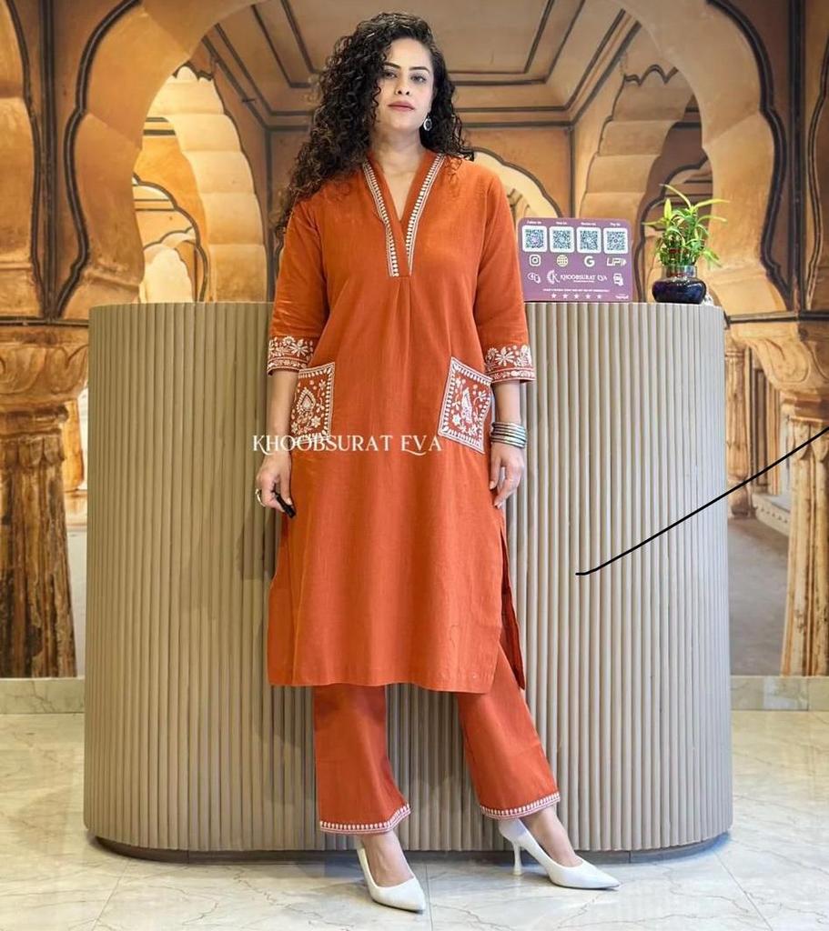 Women's Designer Heavy Cotton Kurta Pant Set Embroidered Party Wear Top Tunic Kurti Dress