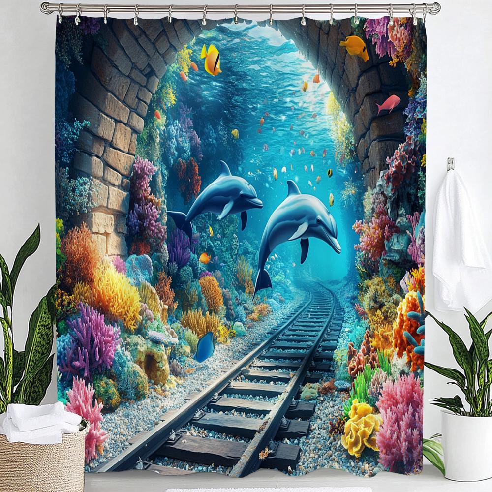Underwater World Printed Shower Curtain With Hooks, Dolphin Sea Turtle Fish Coral Underwater Cave Ocean Bathroom Decor Curtain