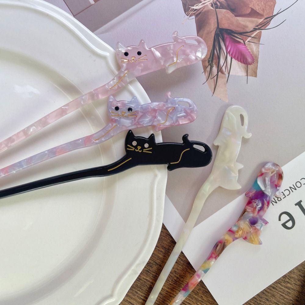 

Cat Shape Acetic Acid Hair Stick Colorful Retro Hair Fork Exquisite Cartoon Hair Chopsticks Girls