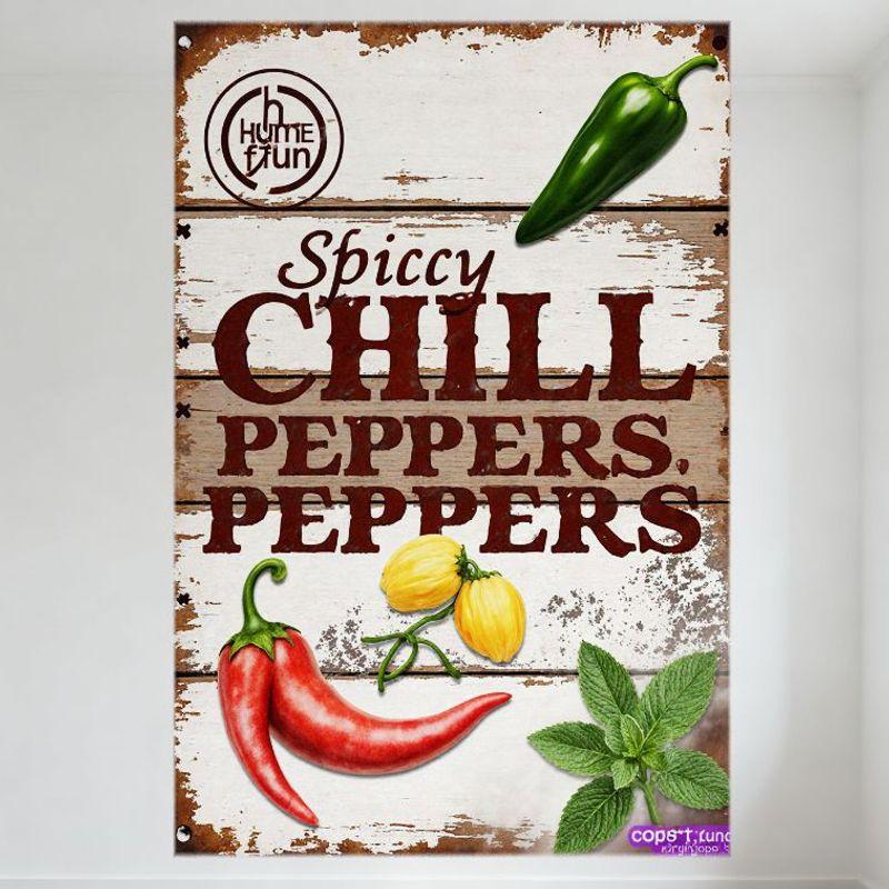Rustic Vintage Home Fun Spicy CHILL PEPPERS Metal Tin Sign - Green Jalapeño Red Chili Habanero for Kitchen Bar Cafe Home Decor