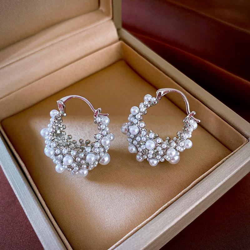 French Retro Premium Imitation Rice Pearl Ear Buckle Earrings Real Gold Electroplating Light Luxury Niche Geometric Earrings 