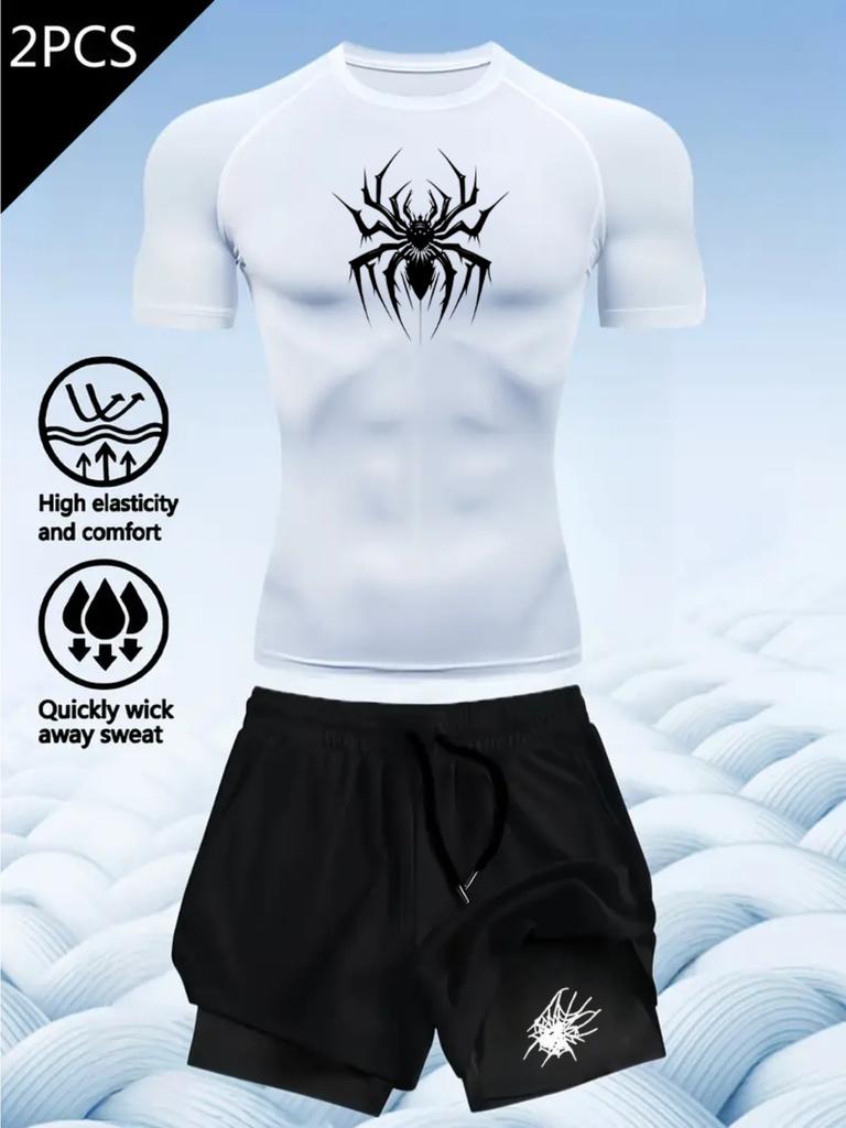2D printed T-shirt men's summer two-piece sportswear running T-shirt elastic quick-drying sports top sports fitness shirt men's
