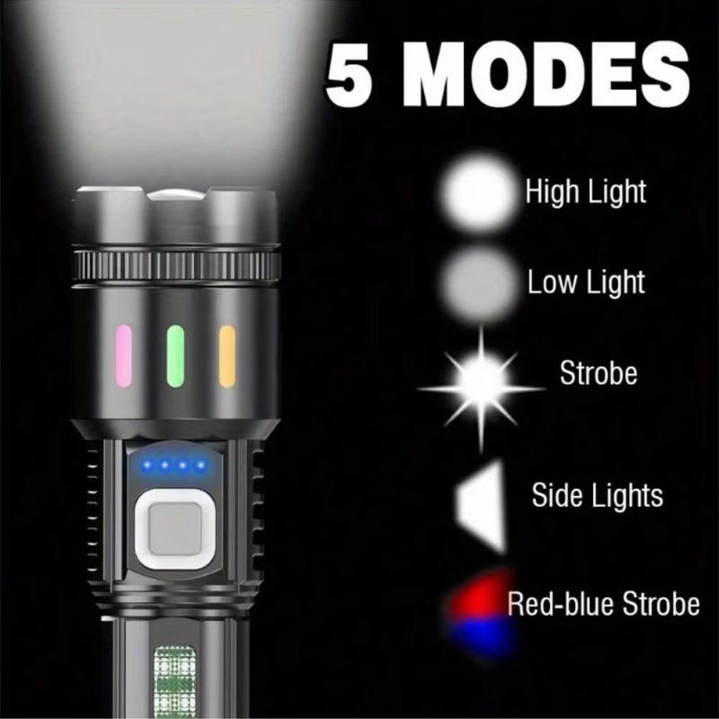 High Power LED Handheld Flashlight with Power Display, Strong Light & Side Light, Bright Torch for Camping, Hiking and Outdoor Emergency Use