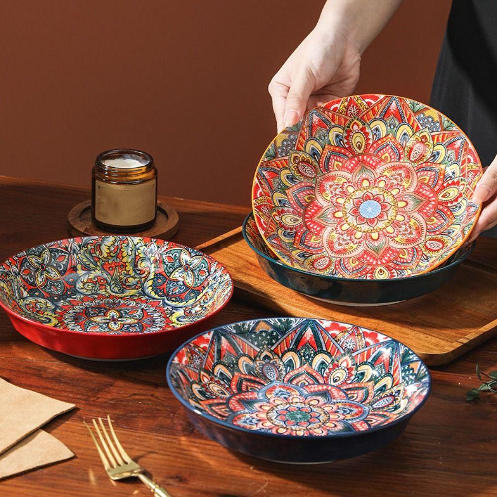 Colorful Dinner Plate Flower Pattern Meal Dish Household Bohemian Ceramic Plate  Housewarming Gift