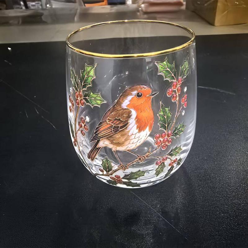 Vintage Painted Animal & Floral Gold Rim Glass Tumbler, Egg-shaped Lead-Free Glass Cup, Creative Gift Cup for Whiskey, Juice and Water