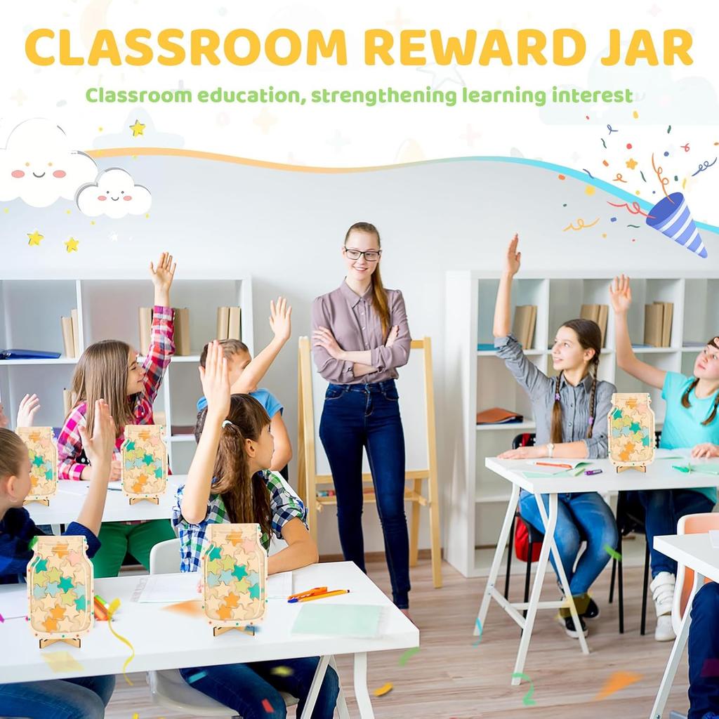 Magnetic Star Jar Reward System for Kids - Classroom & Home Behavior Chart with Stars - Wooden Motivational Jar for Potty Training, Chores,