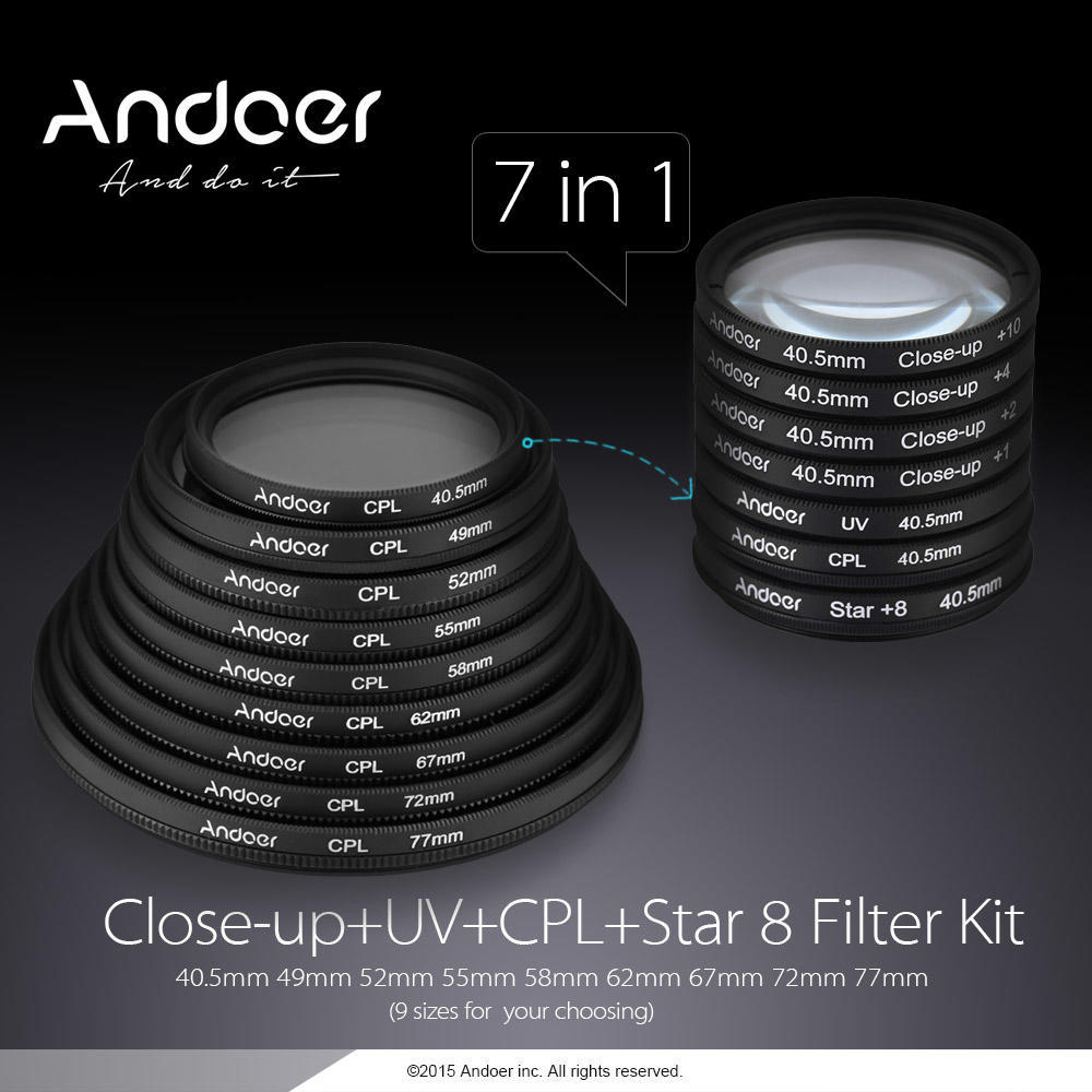 Andoer 58mm UV+CPL+Star8+Close-up (+1 +2 +4 +10) Photography Filter Ultraviolet Circular-Polarizing