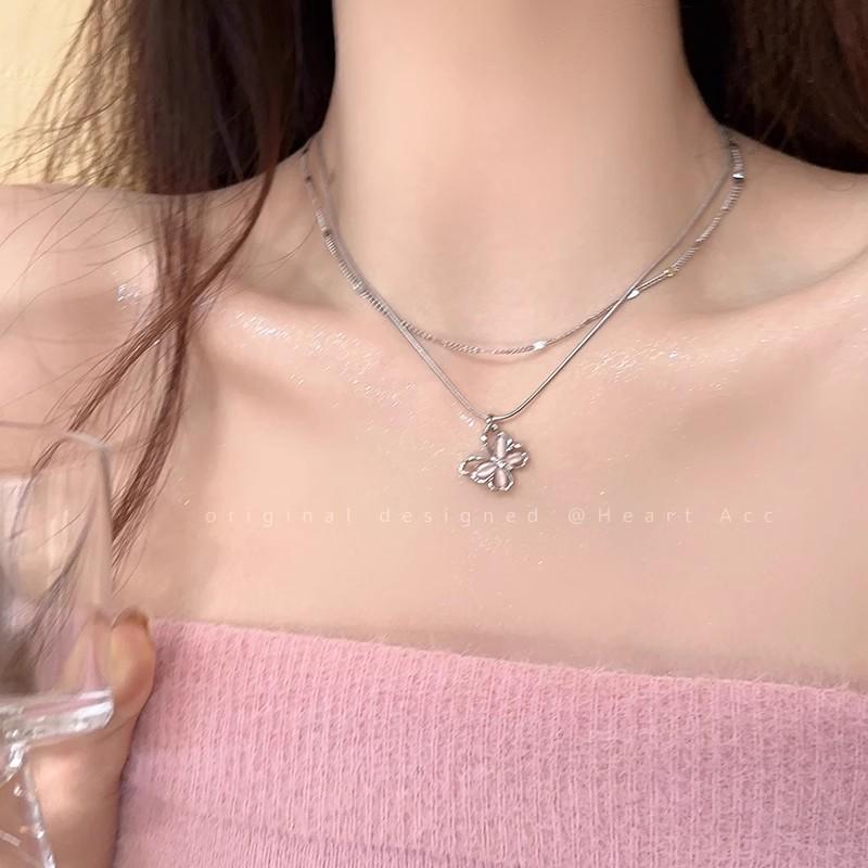 Y2K Titanium Steel Hollow Butterfly Double-Layer Necklace for Women - Light Luxury Clavicle Chain Choker