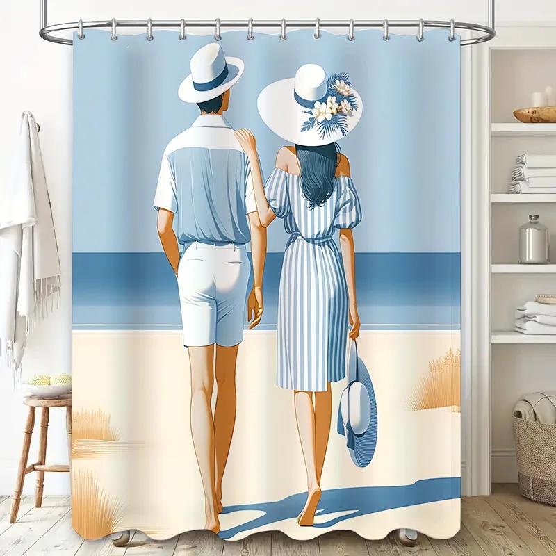 

Romantic Beach Theme Shower Curtain For Couple Elegant And Chic Design Perfect Home Decor Gift Waterproof Durable Easy-Clean W60H190(CM)-1 Pcs