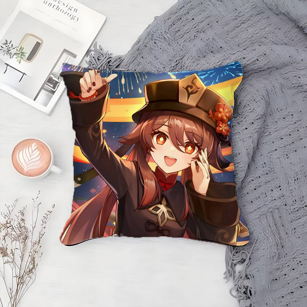 G-Genshin Impact-MT Cute Hu Tao Pillow Case Printing Pillowcase Living Room Sofa Cushion Cover Bedroom Room Decor