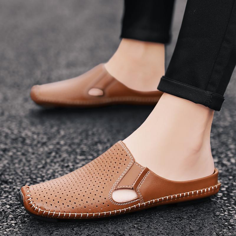Fashion Classic Mens Casual Leather Boat Shoes Men Loafers Shoes Hollow Out Breathable Half Slipper Flats Lazy Shoes Muller Shoes Man