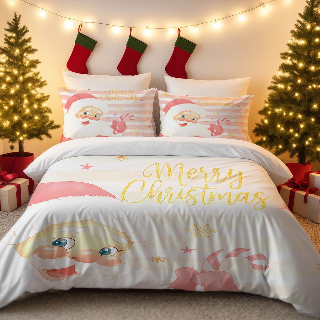 Husă de plapumă din trei piese Lenjerie de pat de Crăciun Față de pernă cu Moș Crăciun Husă de plapumă
