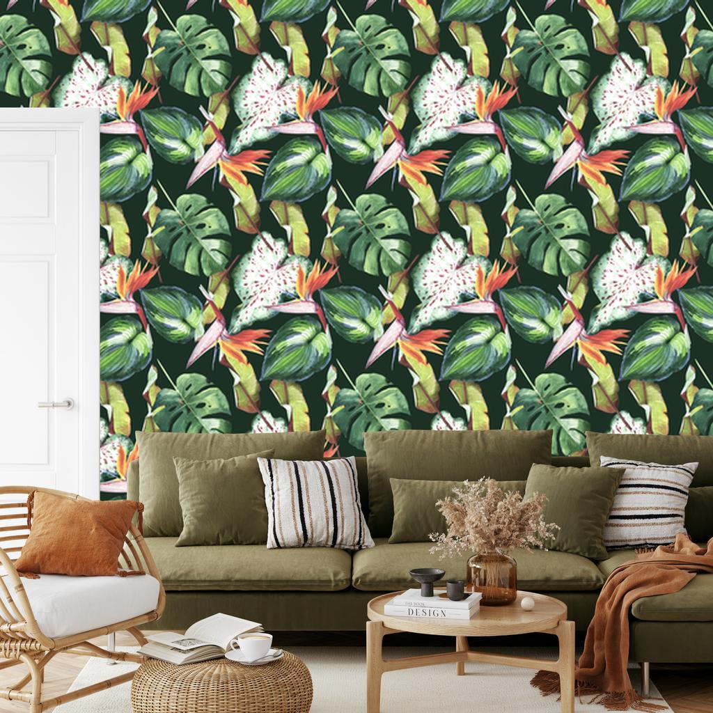 Paradise flowers and tropical leaves wallpaper for living room and bedroom 50x1000