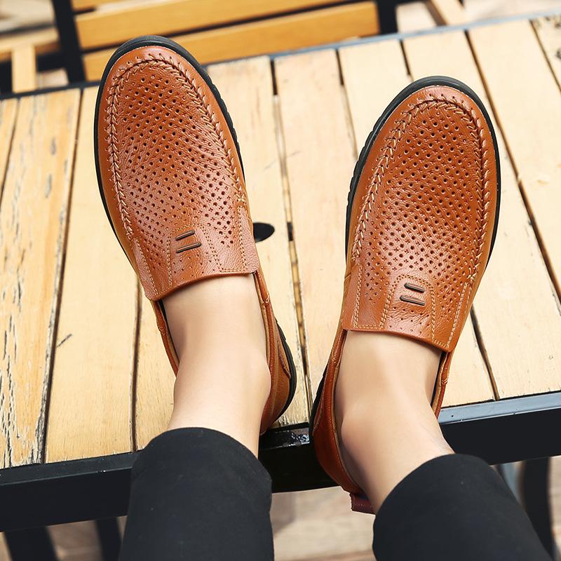 Hollow Out Bean Shoes Men's Breathable Casual Leather Shoes, Hand Punched Oversized Men's Shoes Trend
