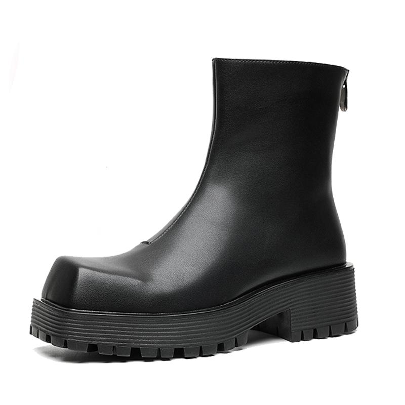British Style Square Toe Chelsea Men's Thick Soled Business Formal Zipper High Top Leather Boots Winter Fluffy Men's Denim Boots