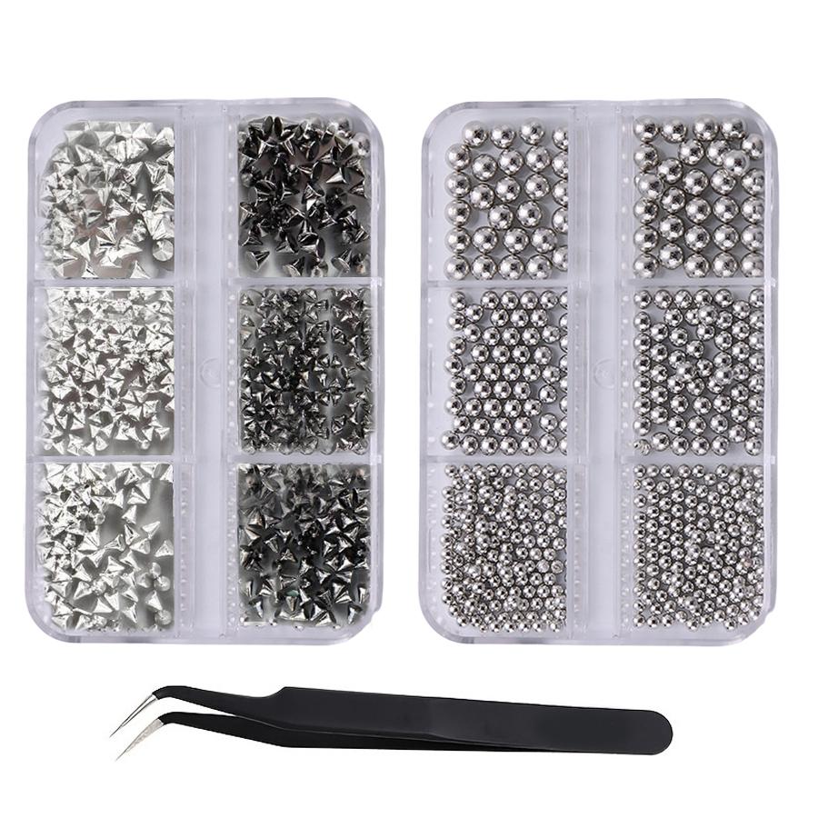 

3D Punk Silvery Black Pyramid Stud Nail Jewelry Set, Metal Cone Spikes Beads Rivets, Halloween Gothic Nail Decorations