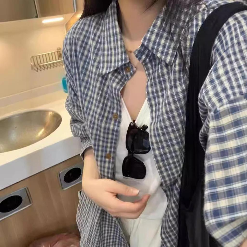 Women's Early Autumn Casual Blue Plaid Jacket-Shirt, American Retro Style