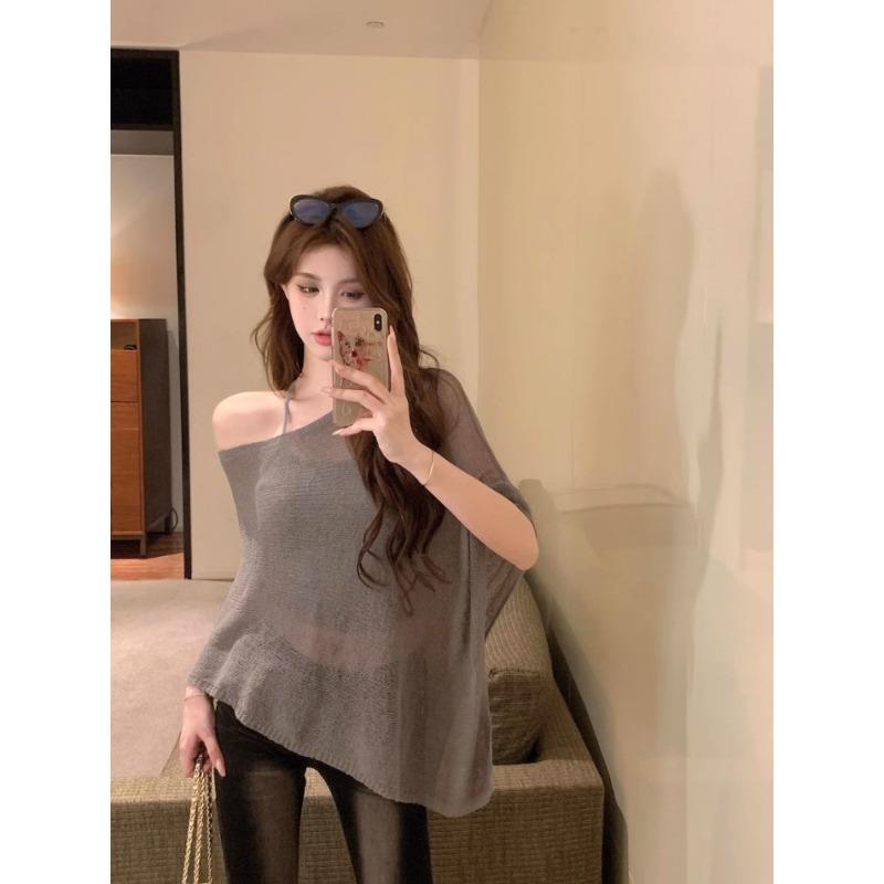 Vintage gray thin sexy slanted shoulder sleeveless knitted sweater women's summer loose irregular cape blouse top