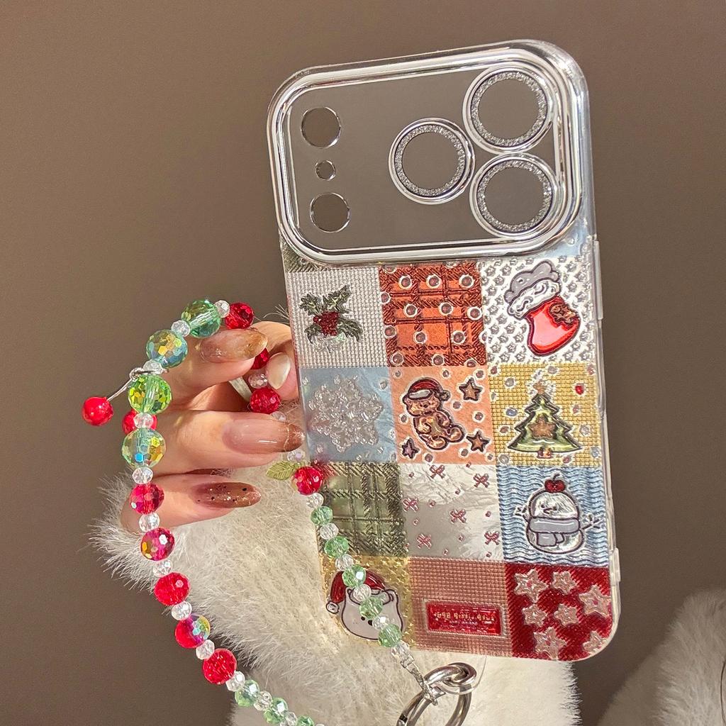 Suitable for Apple 17promax Mobile Phone Case 15 Cartoon Christmas Plaid for Iphone16 Glitter Embossed 13 Hanging Chain Hard