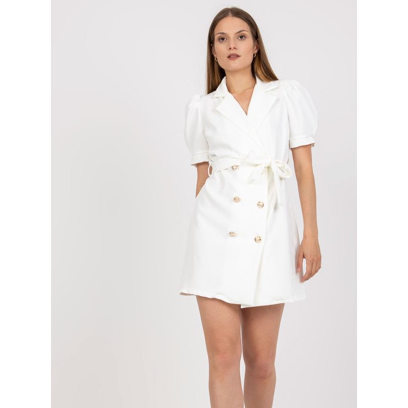 European and American New Fashion Commuter Ol White Double Breasted Strap Waist Hugging Bubble Short sleeve Suit Dress Short dress Women