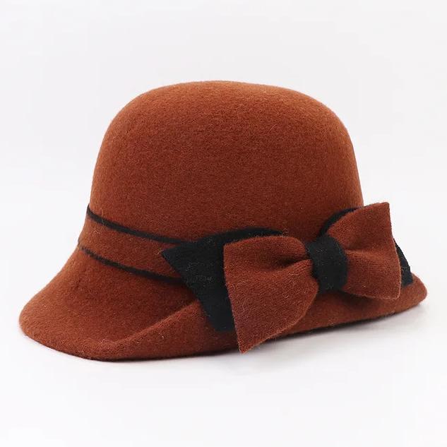 Women Party Formal Headwear Bucket Hat Lady Winter Fashion Asymmetric Ribbon Bowknot 100% Wool Felt Hats