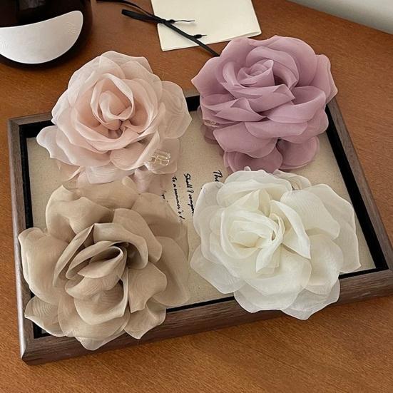 Hair Claw Mesh Yarn Texture 3D Flower Design Large Shark Hair Clip Versatile Daily Date Hair Accessory
