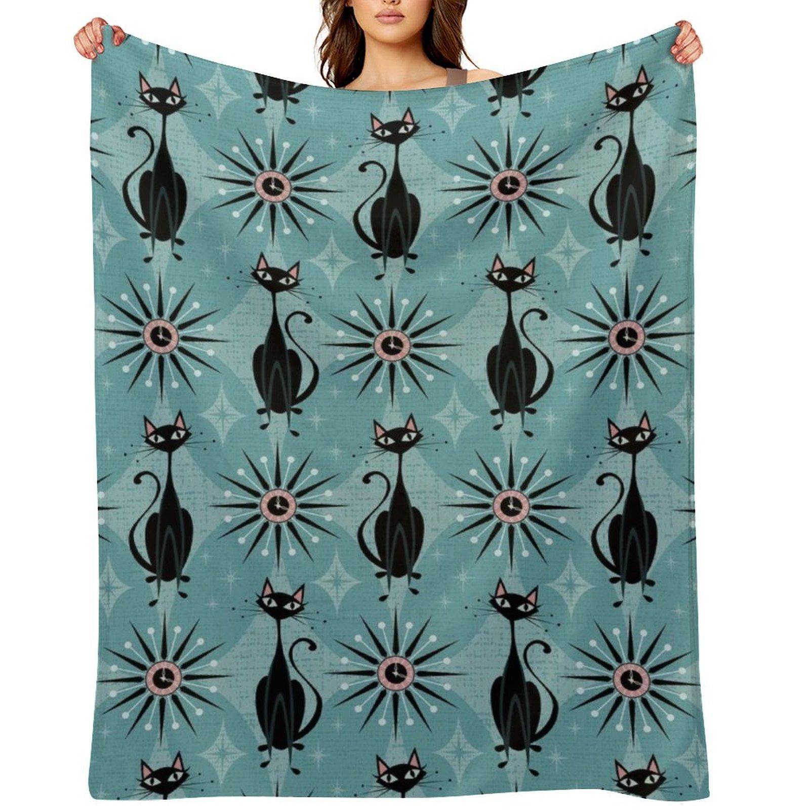 Mid Century Cat and Clocks - Blue Throw Blanket blankets and throws Sofa Throw Furrys Travel Blankets 30x40in