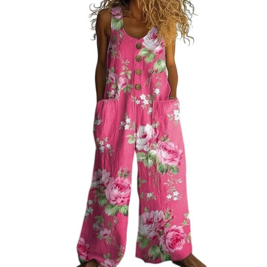 Women's Floral Printed Wide Leg Jumpsuit Sleeveless Button Front Romper Summer Casual Loose Overall with Pockets